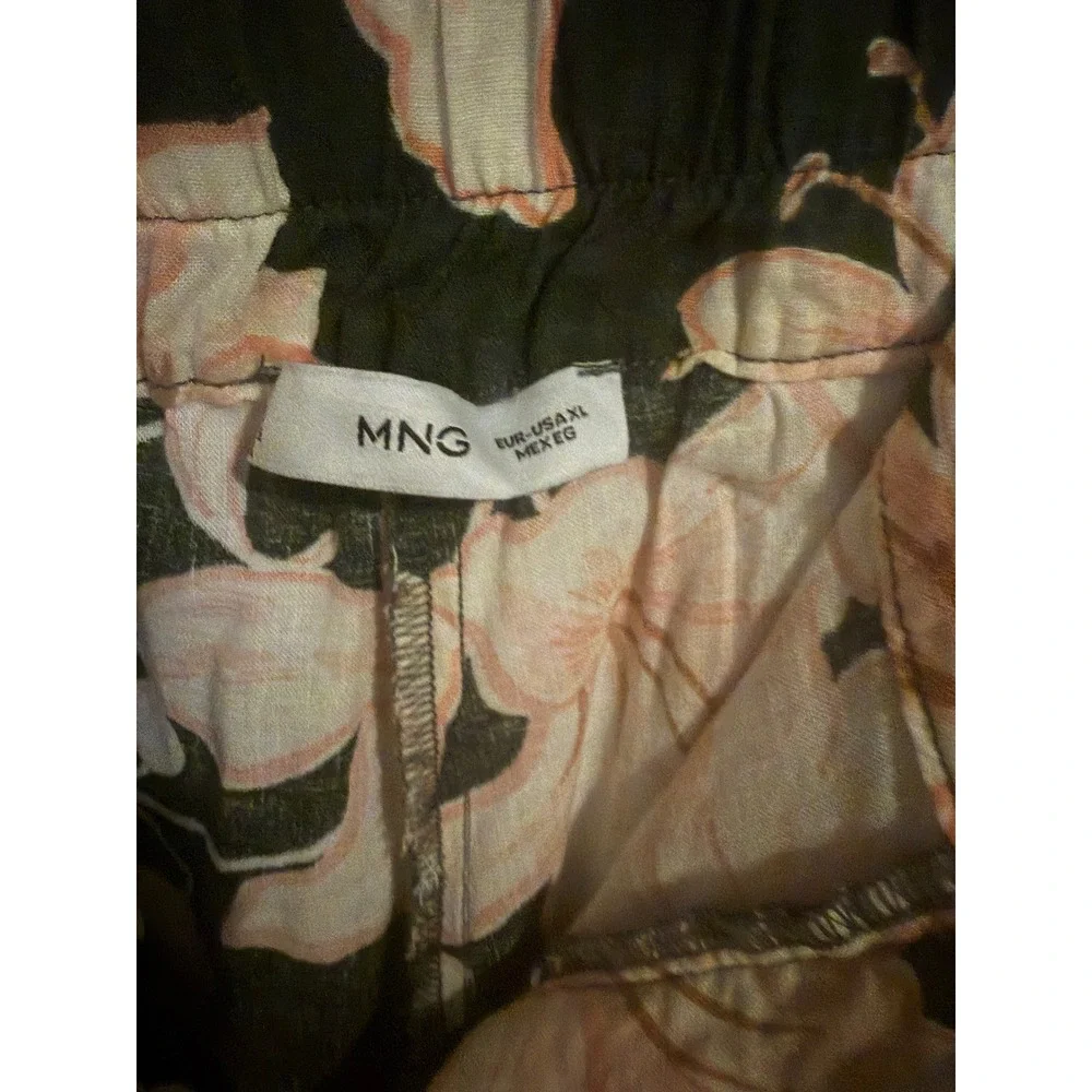 Mango MNG Floral Linen Blend Tapered Pants Green Peach XL High Waist Trousers